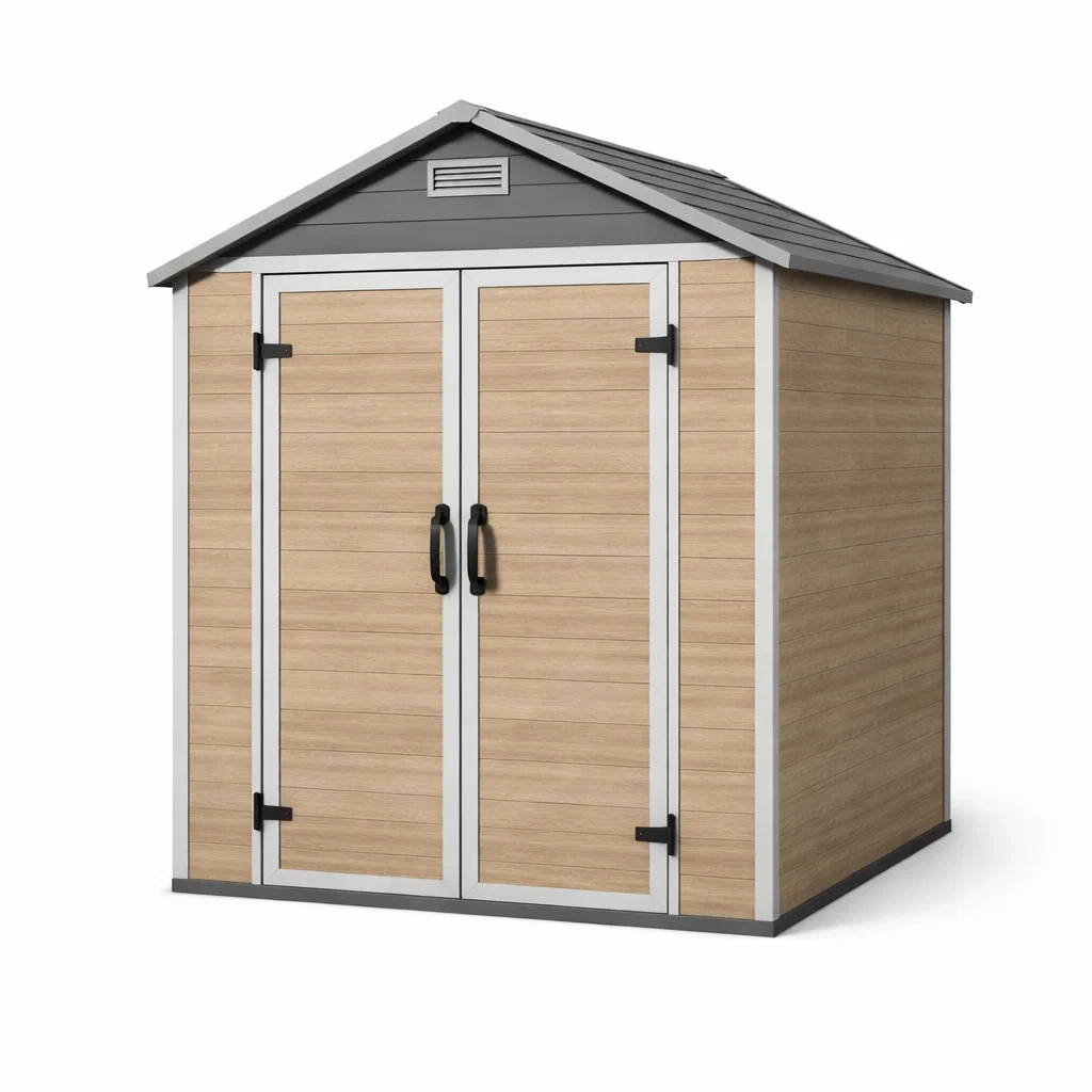 Casetta da giardino in PVC con effetto legno e doppia porta-LUXEDREAMSPACE