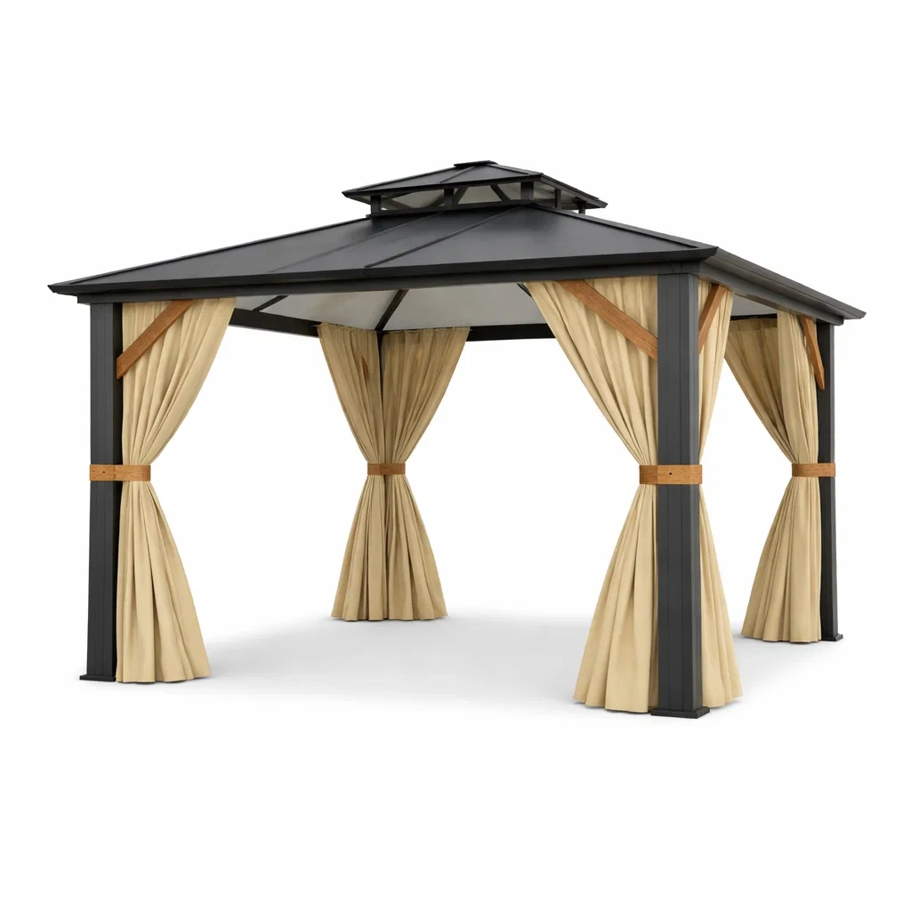 Gazebo da giardino in metallo e poliestere nero beige 365x365x287 cm-LUXEDREAMSPACE