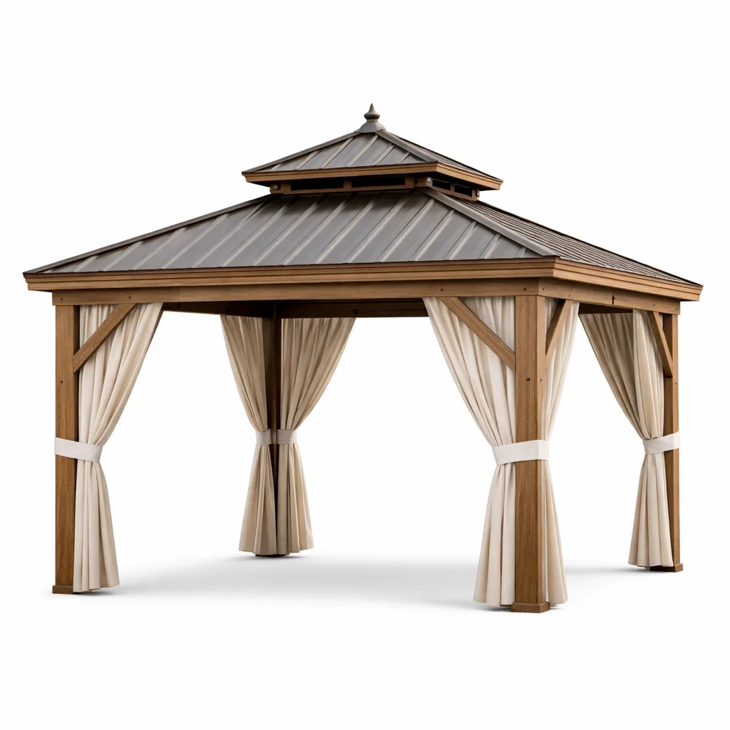 Gazebo in legno massello e acciaio zincato con tende in poliestere-LUXEDREAMSPACE