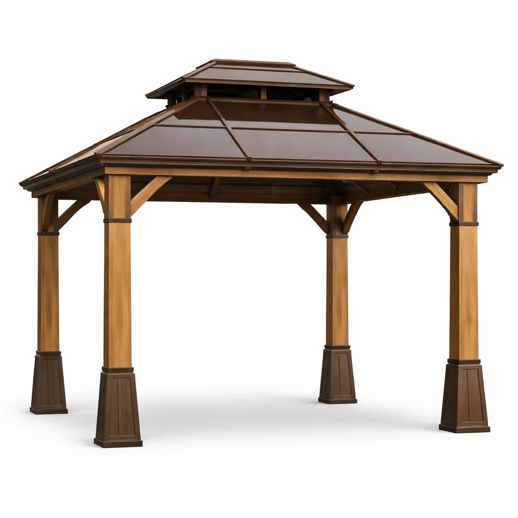Gazebo da giardino in legno e acciaio marrone-LUXEDREAMSPACE