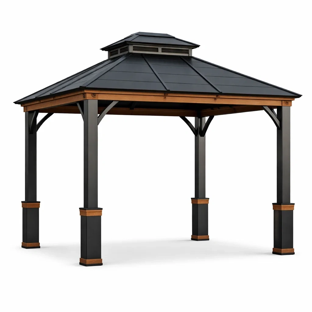 Gazebo per esterni in alluminio e legno nero-LUXEDREAMSPACE