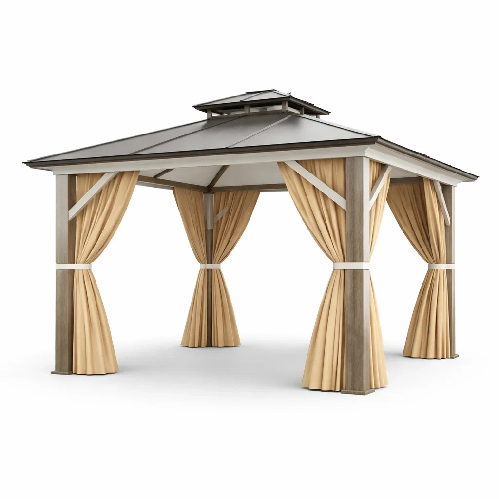 Gazebo in alluminio con tetto in policarbonato e tende beige-LUXEDREAMSPACE