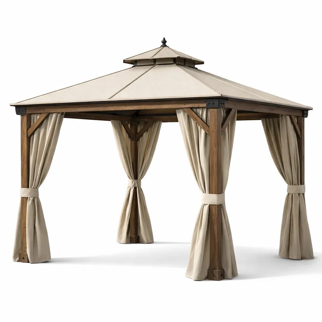 Gazebo da giardino in legno e poliestere con tende beige-LUXEDREAMSPACE