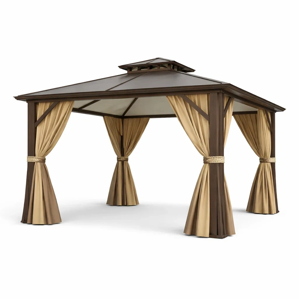 Gazebo in alluminio con tetto in policarbonato e tende in poliestere marrone beige-LUXEDREAMSPACE