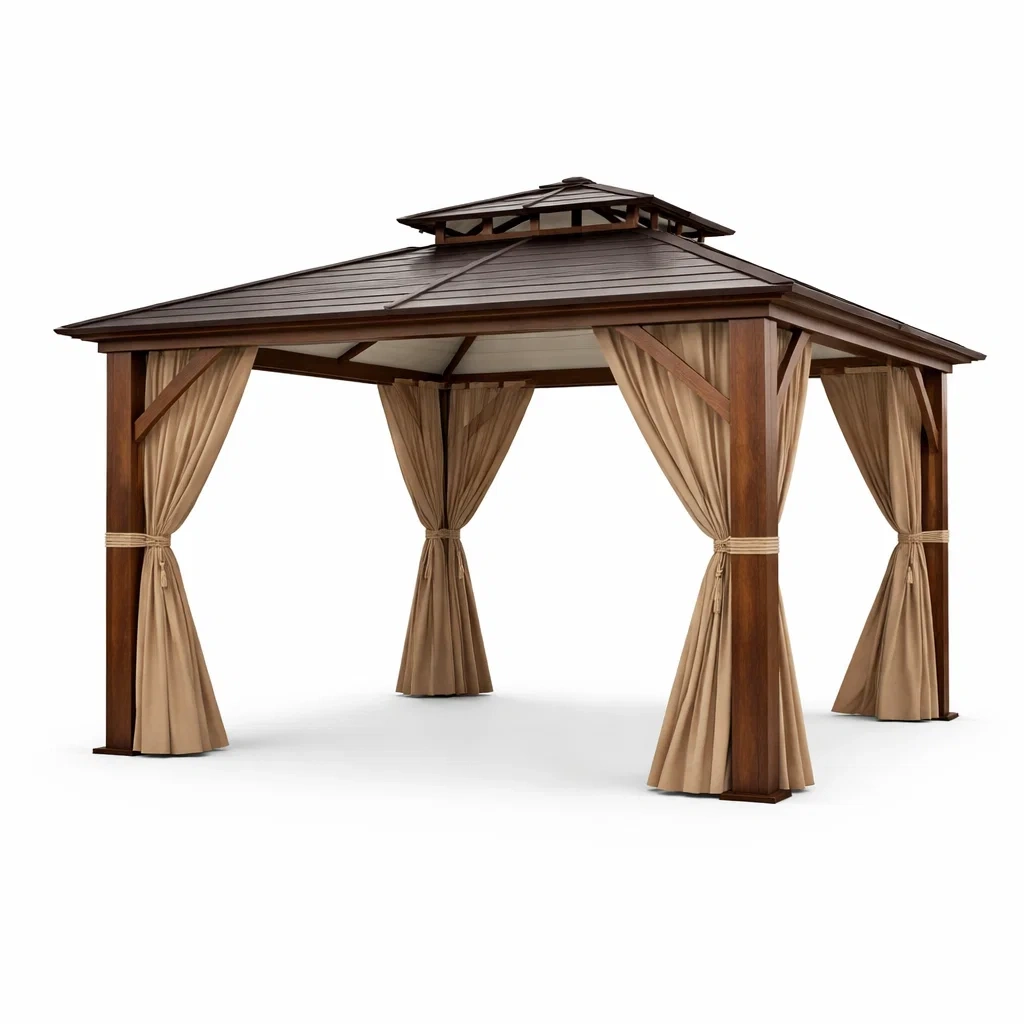 Gazebo da giardino in legno con tetto in metallo e tende beige-LUXEDREAMSPACE