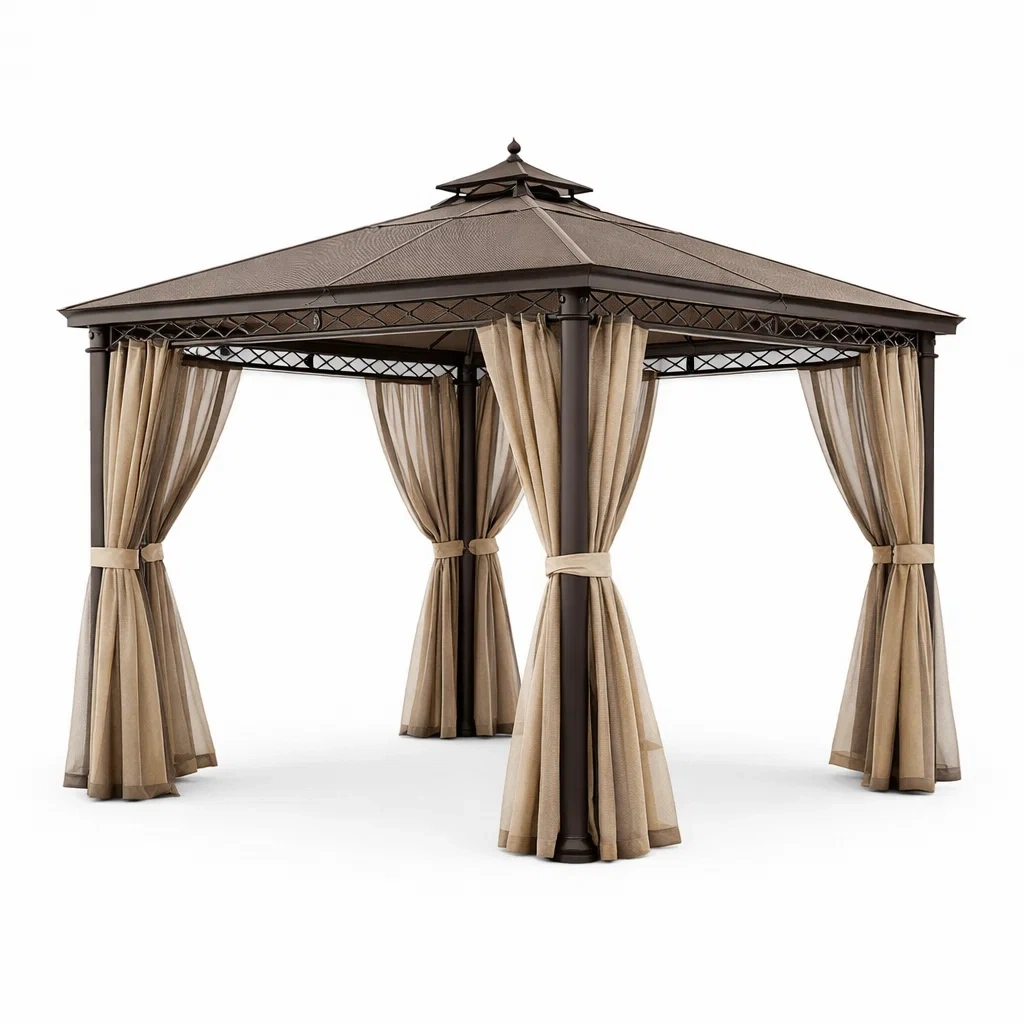 Gazebo in metallo con tetto in acciaio e tende in poliestere-LUXEDREAMSPACE