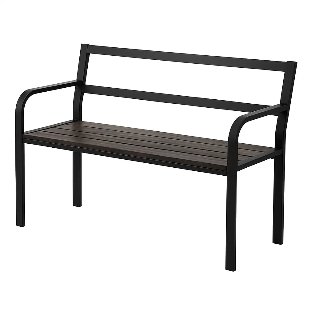 Panca da giardino in metallo nero con seduta in legno marrone-ELEGANTHOMEOASIS