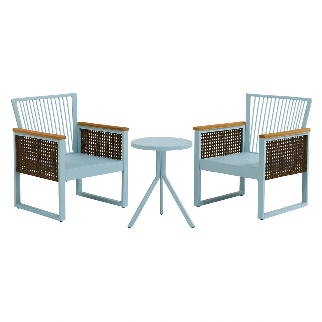 Set di Sedie e Tavolino in Metallo e Rattan Blu per Esterni-ELEGANTHOMEOASIS