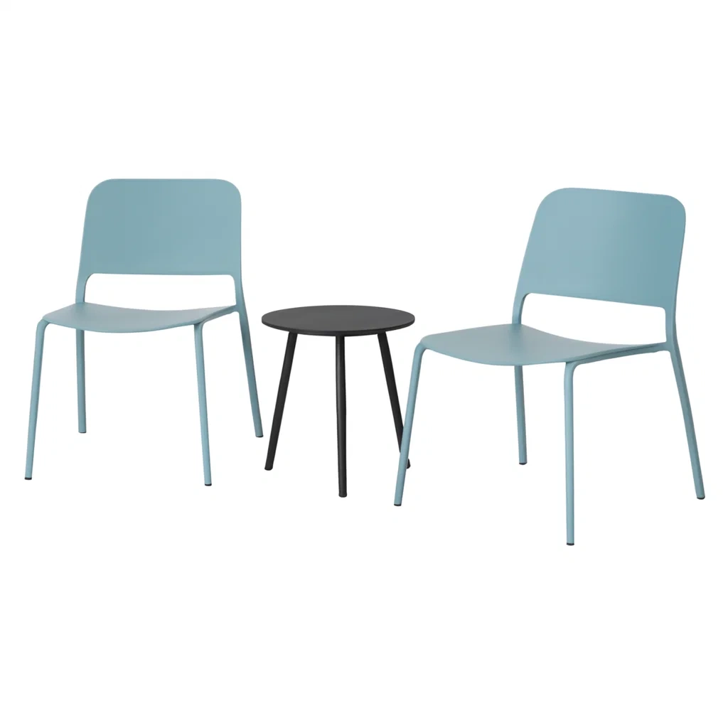 Set di 2 sedie in metallo blu con tavolino rotondo nero-ELEGANTHOMEOASIS