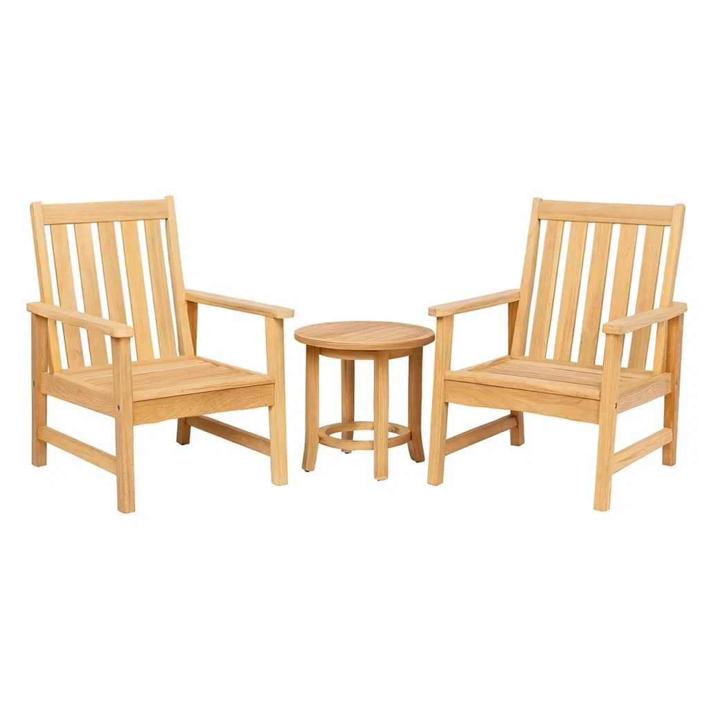 Set di Mobili da Esterno in Legno di Quercia con Due Sedie e Tavolino-ELEGANTHOMEOASIS