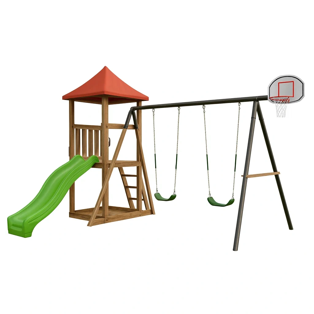 Parco giochi in legno e metallo con scivolo verde, altalene e canestro-ELEGANTHOMEOASIS