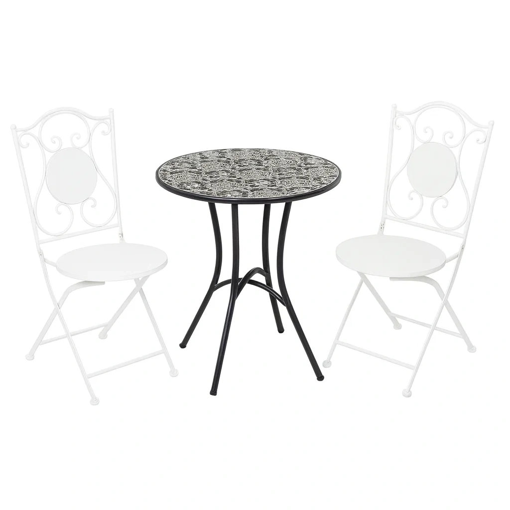 Set bistro tavolo in metallo con mosaico e 2 sedie bianche-ELEGANTHOMEOASIS