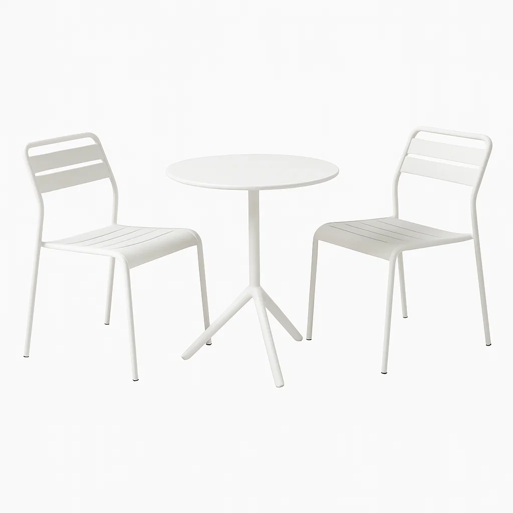 Set Tavolo Rotondo e 2 Sedie da Esterno in Metallo Verniciato Bianco-ELEGANTHOMEOASIS