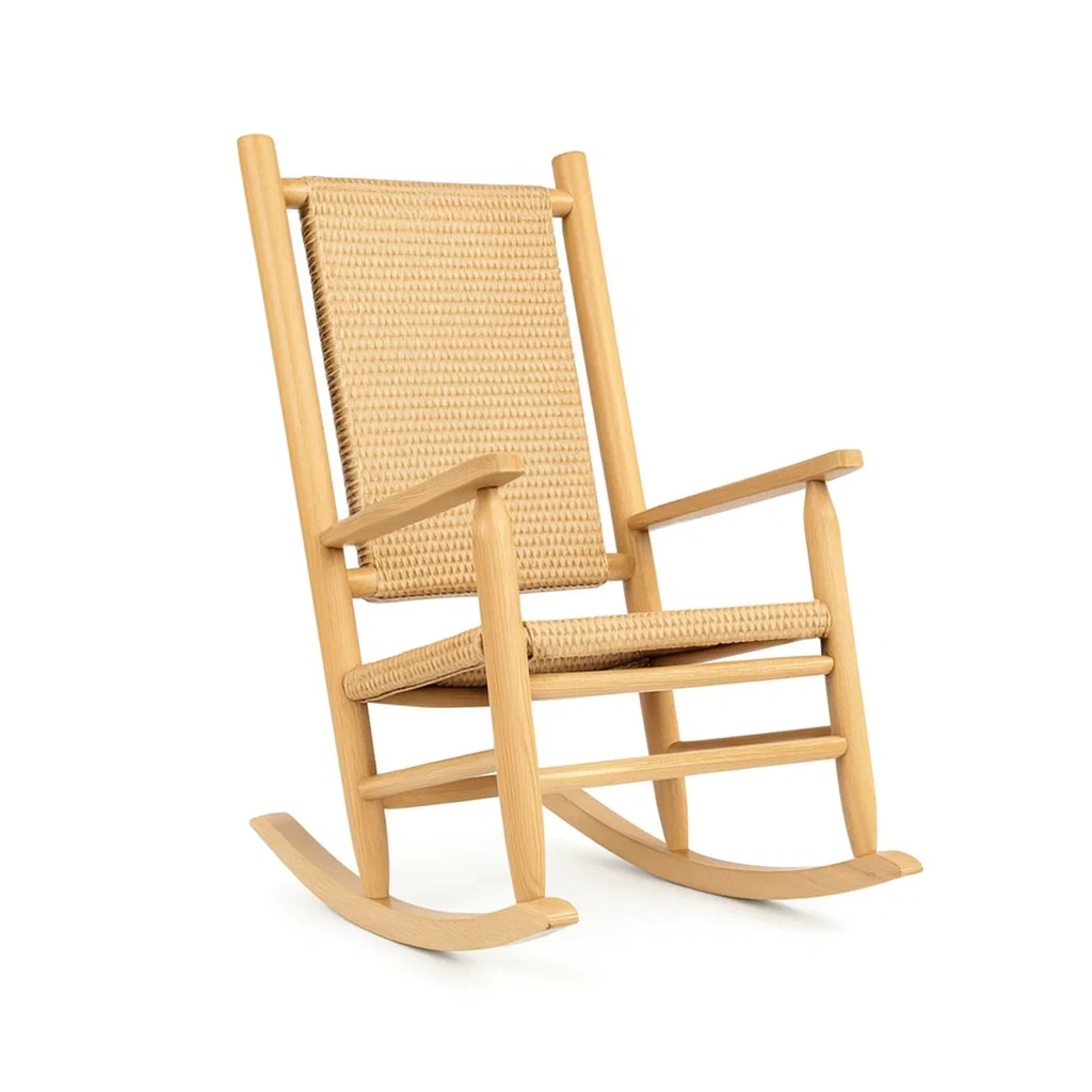 Sedia a Dondolo in Legno con Seduta in Rattan Sintetico Beige-ELEGANTHOMEOASIS