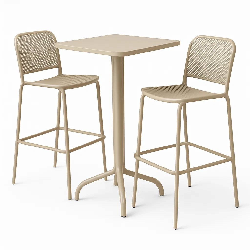 Set da bar con tavolo quadrato e 2 sgabelli in metallo rivestito Beige-ELEGANTHOMEOASIS