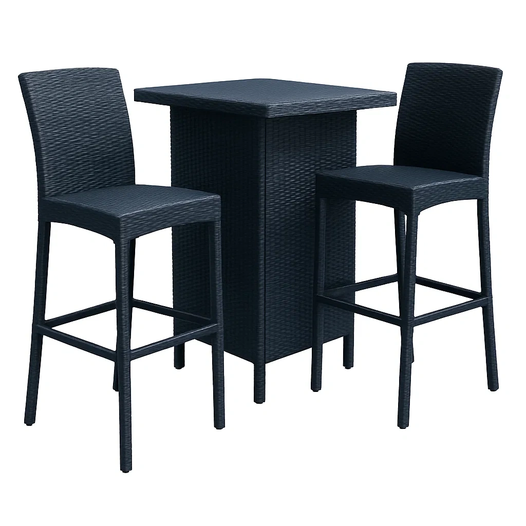 Set Bar Esterno 3 Pezzi in Polyrattan Nero con Tavolo e Sedie-ELEGANTHOMEOASIS