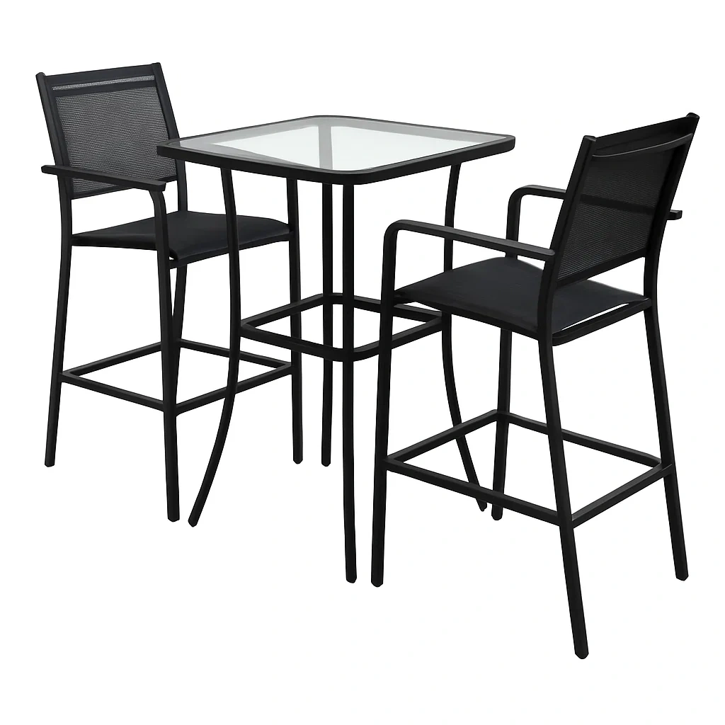 Set Tavolo Alto e 2 Sedie in Alluminio Nero con Piano in Vetro Temperato-ELEGANTHOMEOASIS