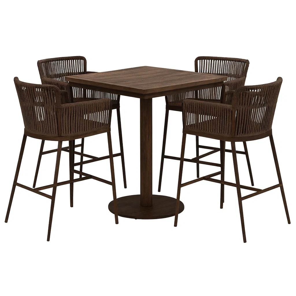 Set Tavolo e Sedie Alte in Legno e Corda Intrecciata Marrone-ELEGANTHOMEOASIS