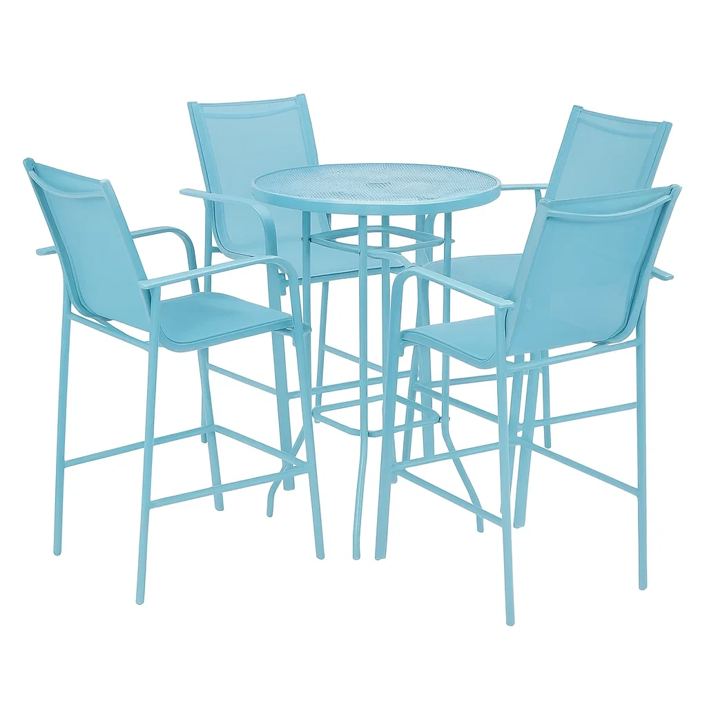Set tavolo alto e 4 sedie in acciaio azzurro per esterno-ELEGANTHOMEOASIS