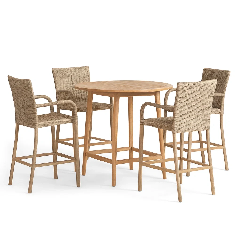 Set da Tavolo Rotondo in Teak con 4 Sedie da Bar in Rattan Sintetico-ELEGANTHOMEOASIS