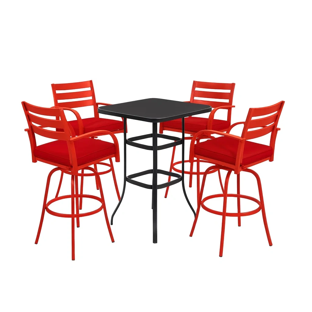Set Tavolo Quadrato in Metallo con 4 Sedie Rosse per Esterno-ELEGANTHOMEOASIS