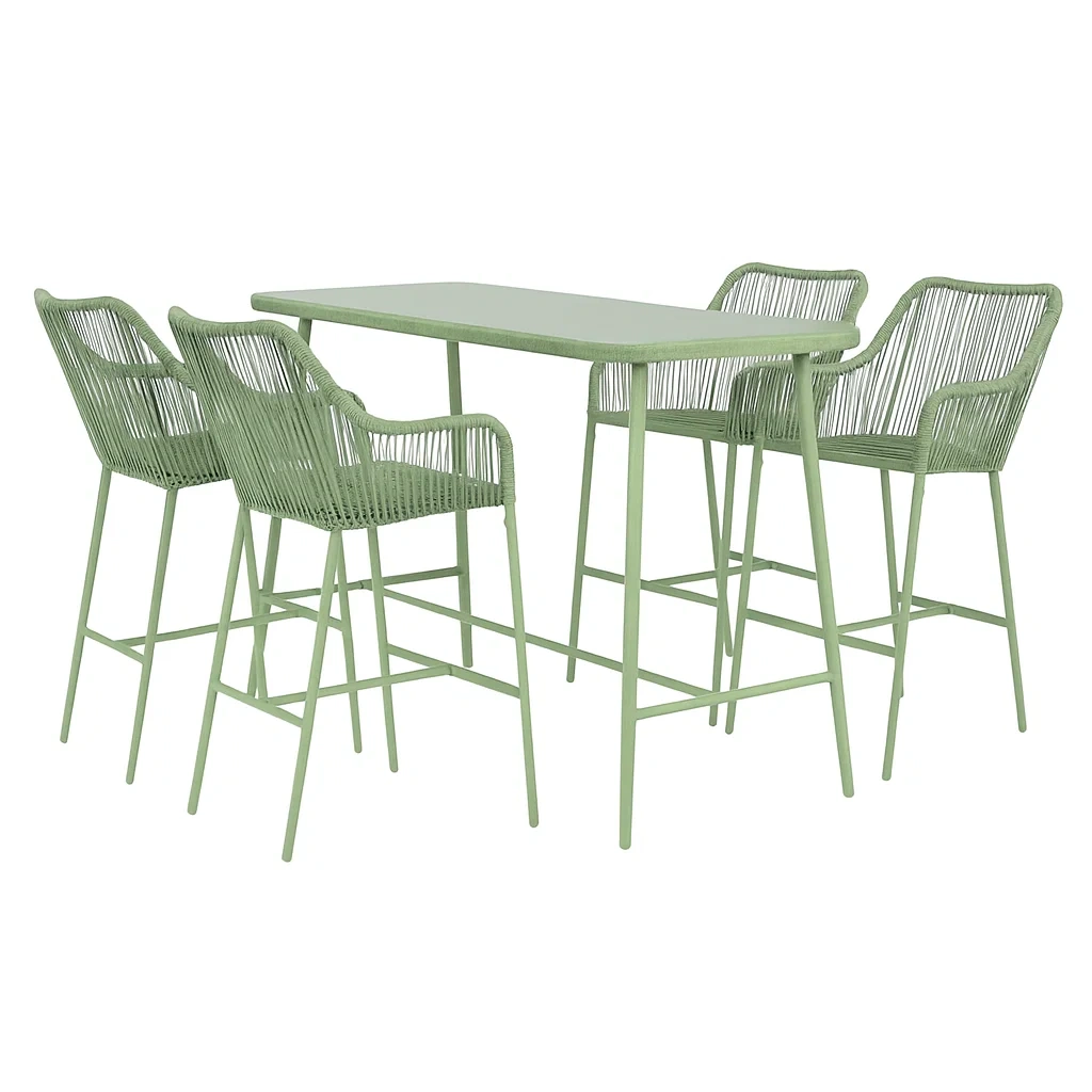 Set di Tavolo da Bar e 4 Sedie in Metallo e Rattan Sintetico Verde-ELEGANTHOMEOASIS