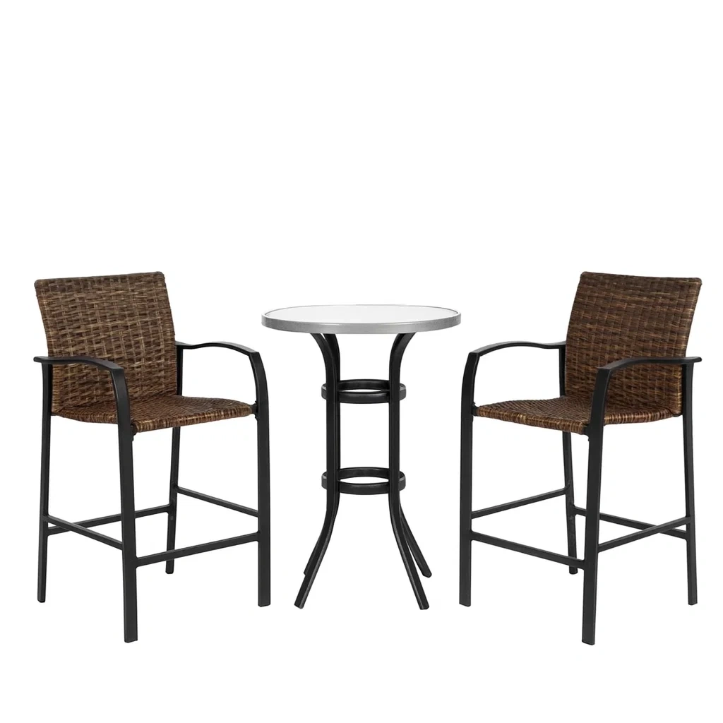 Set Tavolo da Bar 3 Pezzi con Sedie in Rattan e Vetro-ELEGANTHOMEOASIS