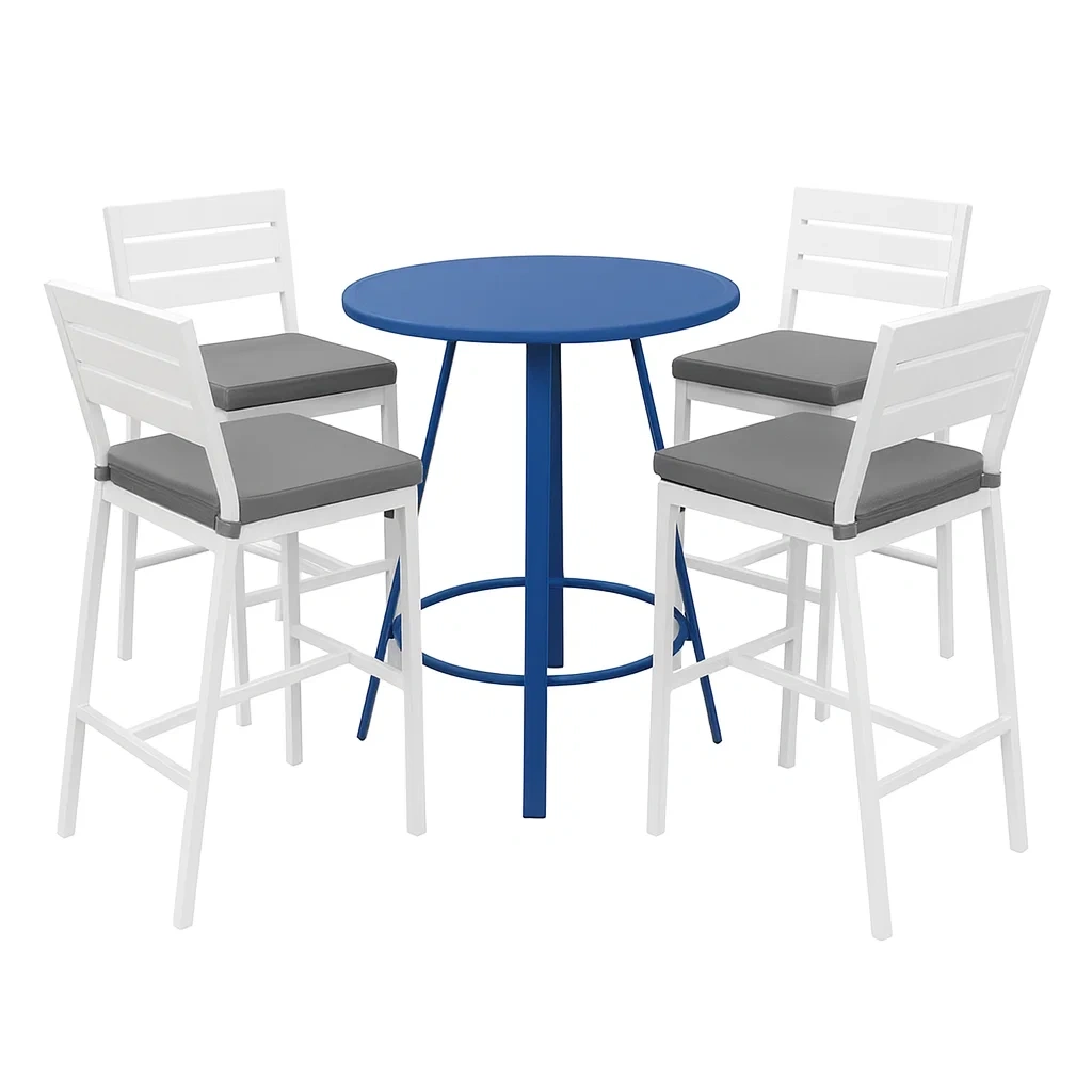 Set Tavolo Rotondo in Metallo Blu con 4 Sgabelli in Legno Bianco e Cuscini in Poliestere Grigio-ELEGANTHOMEOASIS