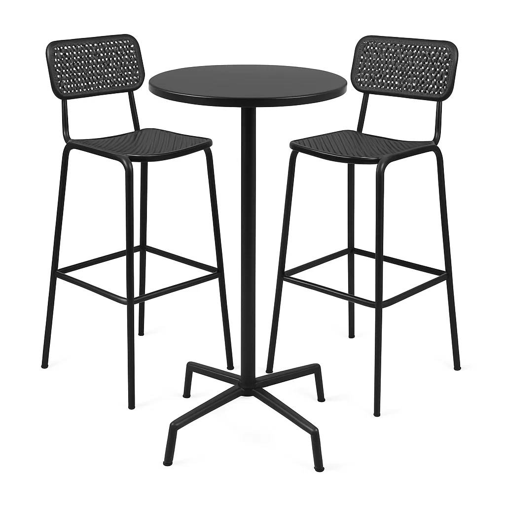 Set tavolo alto e sgabelli da bar in metallo nero e plastica-ELEGANTHOMEOASIS