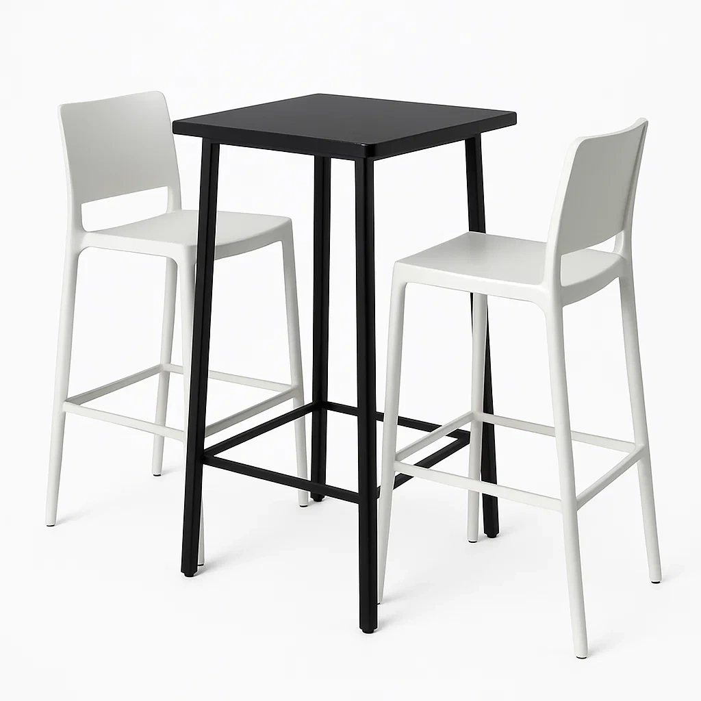 Set Tavolo Alto Metallo Nero con 2 Sedie Bianche Polipropilene-ELEGANTHOMEOASIS