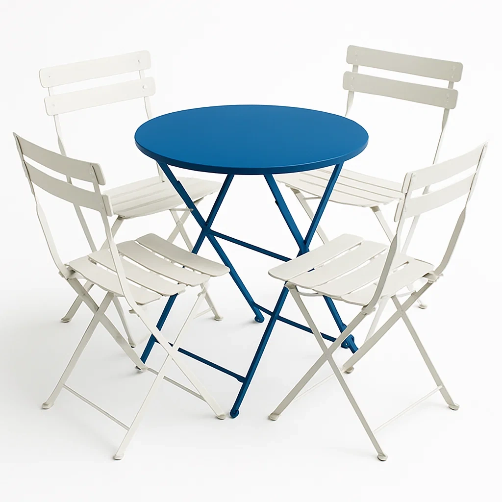 Set tavolo rotondo in metallo blu e 4 sedie pieghevoli bianche-ELEGANTHOMEOASIS