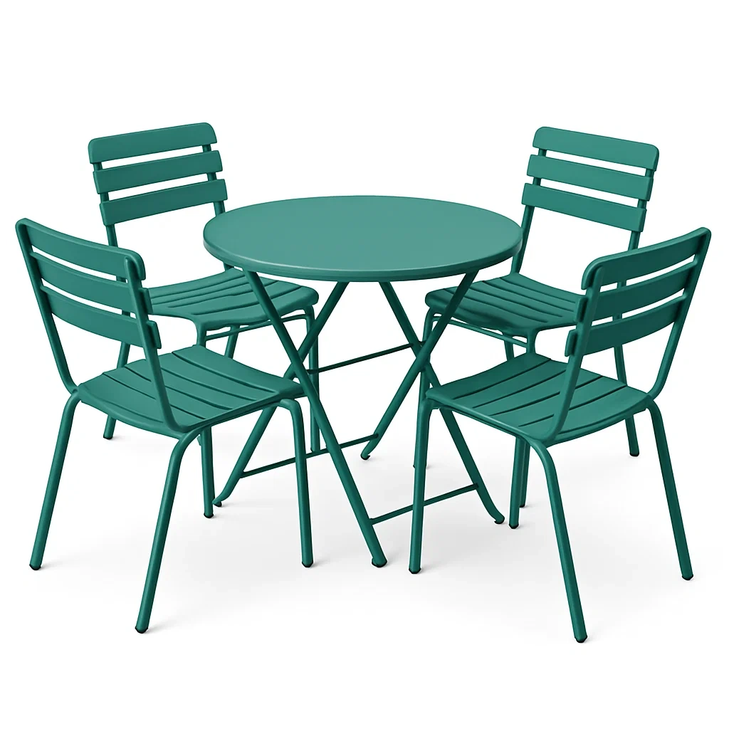 Set da pranzo in metallo verde con tavolo rotondo e 4 sedie pieghevoli-ELEGANTHOMEOASIS