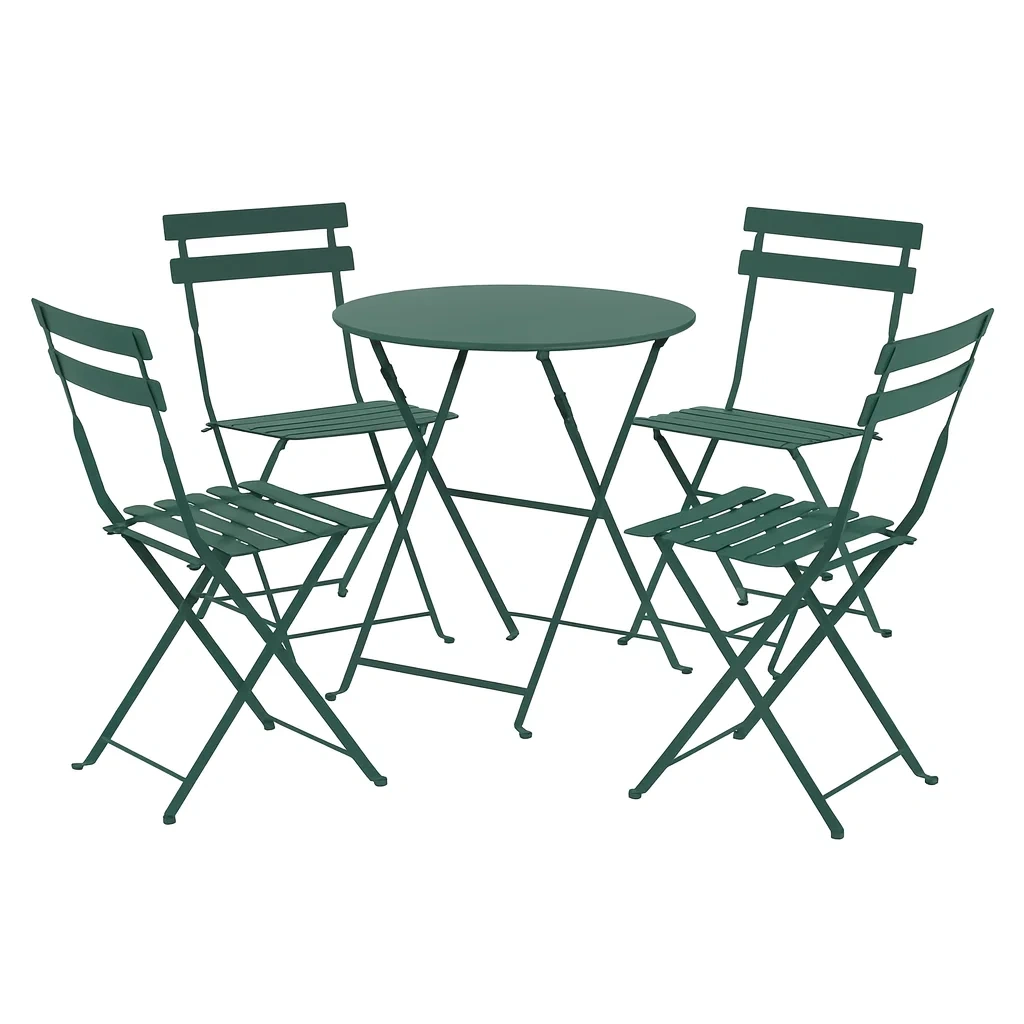 Set tavolo rotondo pieghevole e 4 sedie in metallo verde per esterno-ELEGANTHOMEOASIS