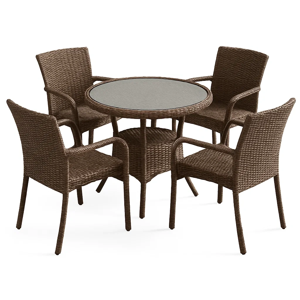 Set tavolo rotondo in vetro temperato e 4 sedie in rattan sintetico Marrone-ELEGANTHOMEOASIS