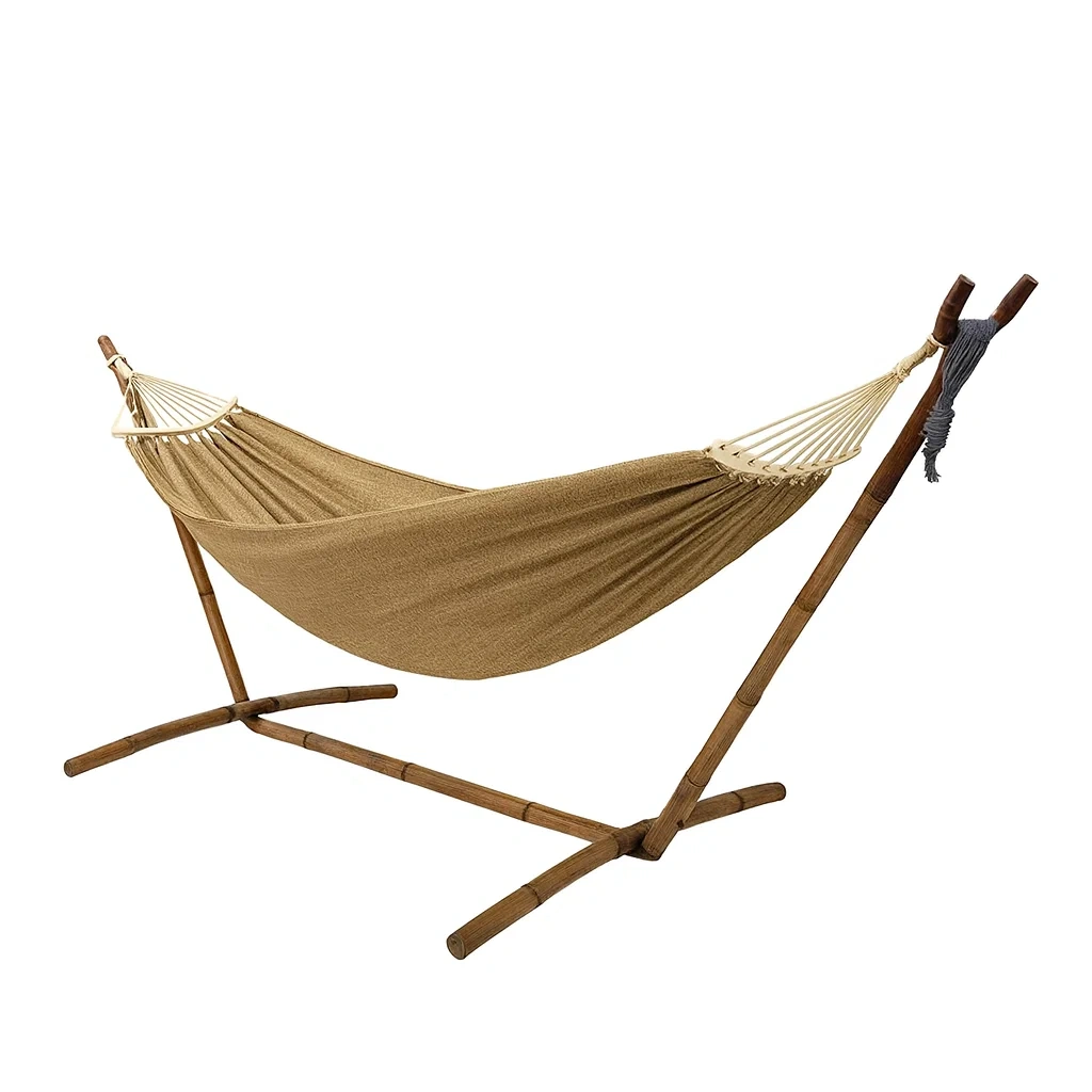 Amaca con Supporto in Bambù e Tessuto di Cotone Beige-ELEGANTHOMEOASIS