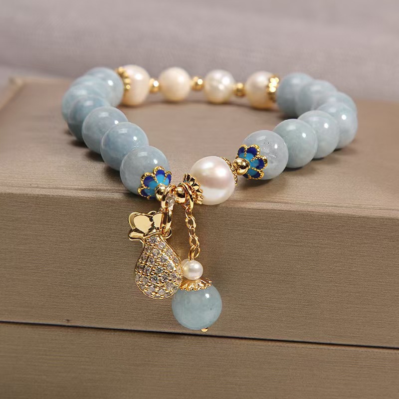Brățară naturală cu acvamarin | Design de nișă, bijuterii la modă în stil chinezesc, brățară cu perle tip geantă norocoasă-Maria Jewelry