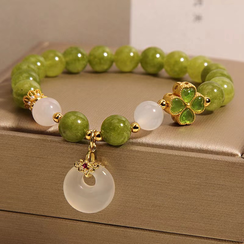 Brățară din turmalină verde naturală în stil chinezesc | Brățară de lux cu cataramă de siguranță din calcedonie cu trifoi cu patru foi, stil feminin rafinat și elegant-Maria Jewelry
