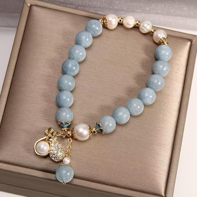 Brățară naturală cu acvamarin | Design de nișă, bijuterii la modă în stil chinezesc, brățară cu perle tip geantă norocoasă-Maria Jewelry