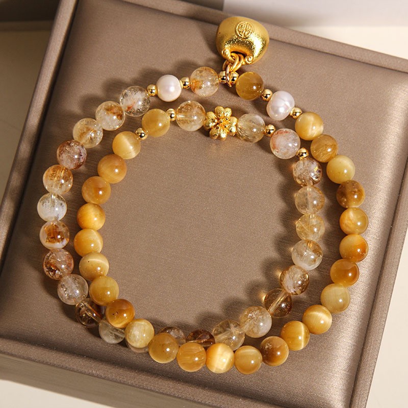Brățară dublă cu cristale galbene naturale, ochi de tigru + mărgele de cristal galben, brățară nouă cu talisman norocos dolofan, în stil chinezesc.-Maria Jewelry