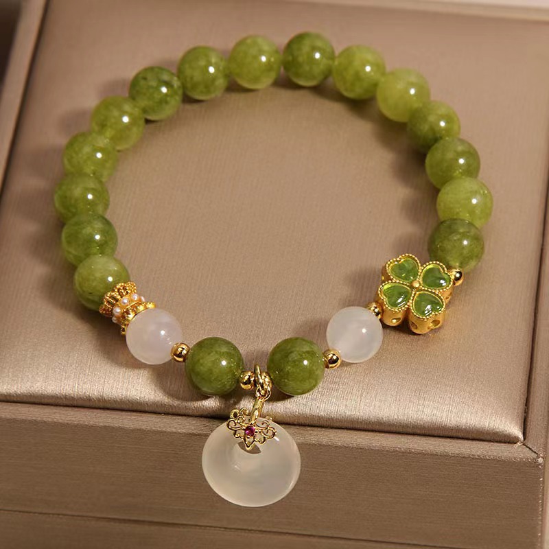 Brățară din turmalină verde naturală în stil chinezesc | Brățară de lux cu cataramă de siguranță din calcedonie cu trifoi cu patru foi, stil feminin rafinat și elegant-Maria Jewelry
