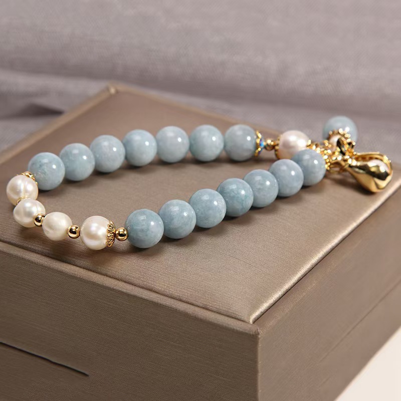 Brățară naturală cu acvamarin | Design de nișă, bijuterii la modă în stil chinezesc, brățară cu perle tip geantă norocoasă-Maria Jewelry