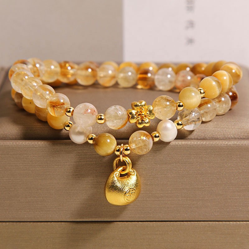 Brățară dublă cu cristale galbene naturale, ochi de tigru + mărgele de cristal galben, brățară nouă cu talisman norocos dolofan, în stil chinezesc.-Maria Jewelry