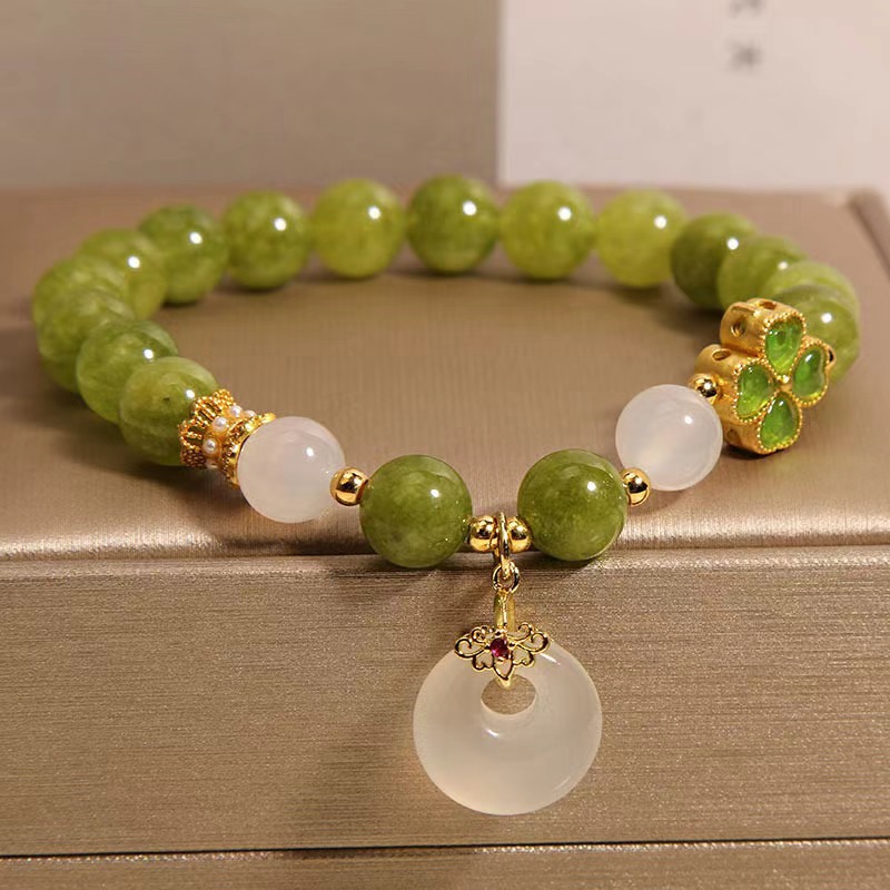 Brățară din turmalină verde naturală în stil chinezesc | Brățară de lux cu cataramă de siguranță din calcedonie cu trifoi cu patru foi, stil feminin rafinat și elegant-Maria Jewelry