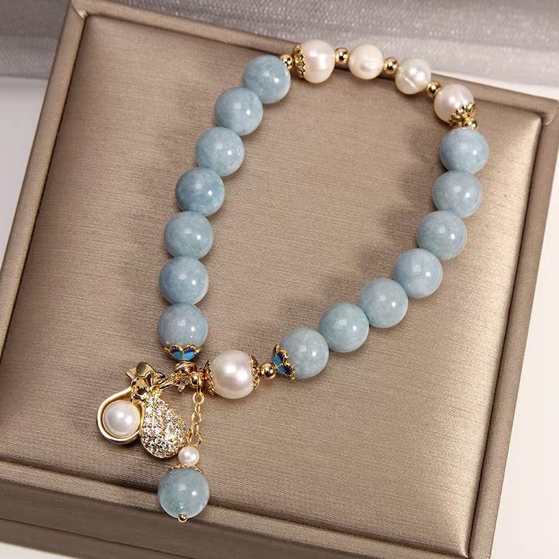 Brățară naturală cu acvamarin | Design de nișă, bijuterii la modă în stil chinezesc, brățară cu perle tip geantă norocoasă-Maria Jewelry