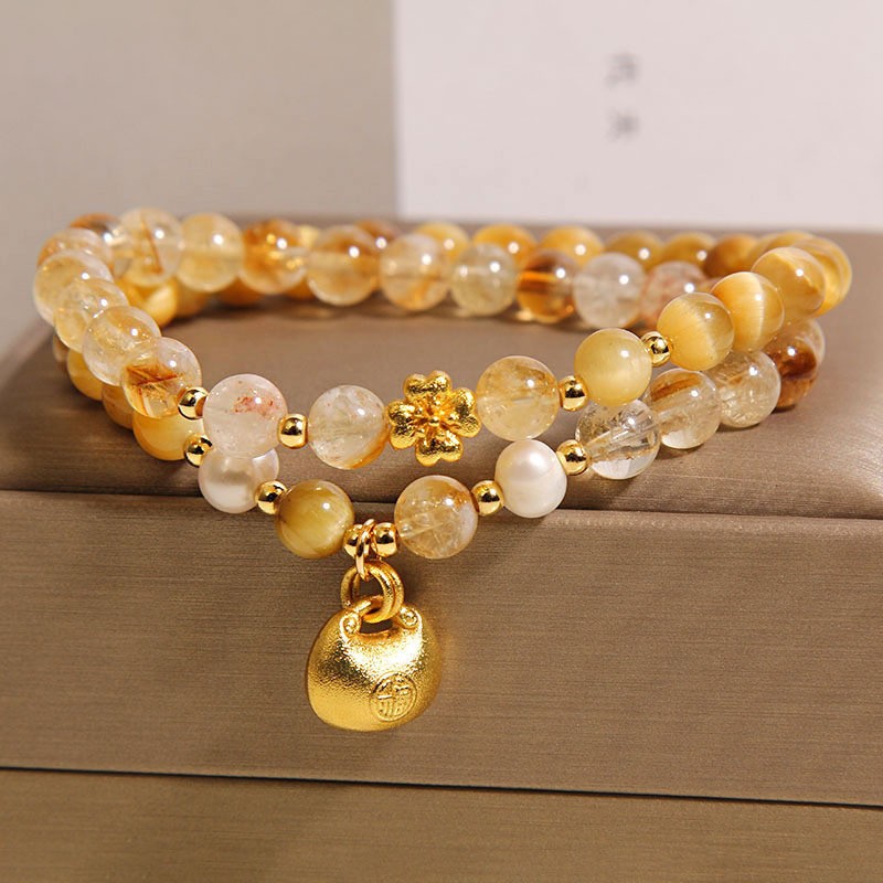 Brățară dublă cu cristale galbene naturale, ochi de tigru + mărgele de cristal galben, brățară nouă cu talisman norocos dolofan, în stil chinezesc.-Maria Jewelry