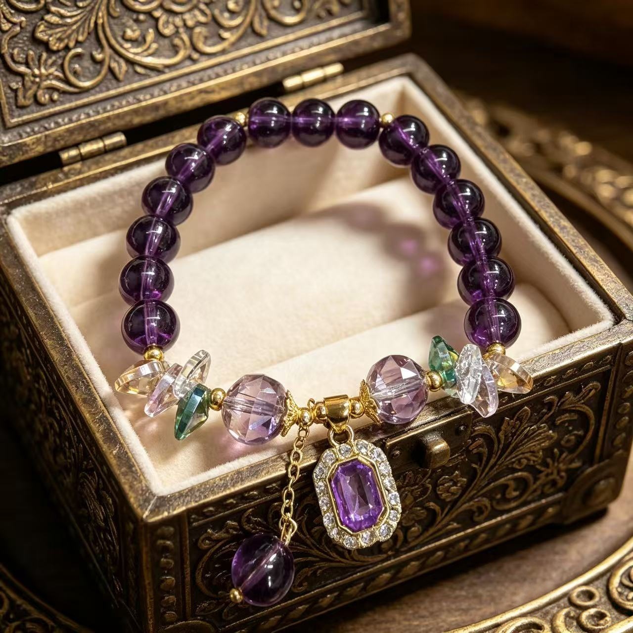 Brățară nouă, luxoasă, retro, cu cristale violet, și pandantiv geometric din zirconiu, un design sofisticat și de nișă pentru femei.-Maria Jewelry