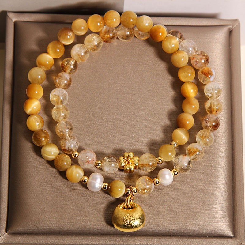 Brățară dublă cu cristale galbene naturale, ochi de tigru + mărgele de cristal galben, brățară nouă cu talisman norocos dolofan, în stil chinezesc.-Maria Jewelry