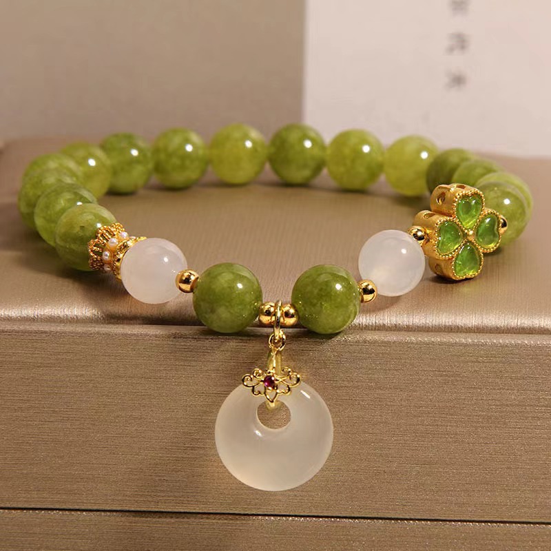 Brățară din turmalină verde naturală în stil chinezesc | Brățară de lux cu cataramă de siguranță din calcedonie cu trifoi cu patru foi, stil feminin rafinat și elegant-Maria Jewelry