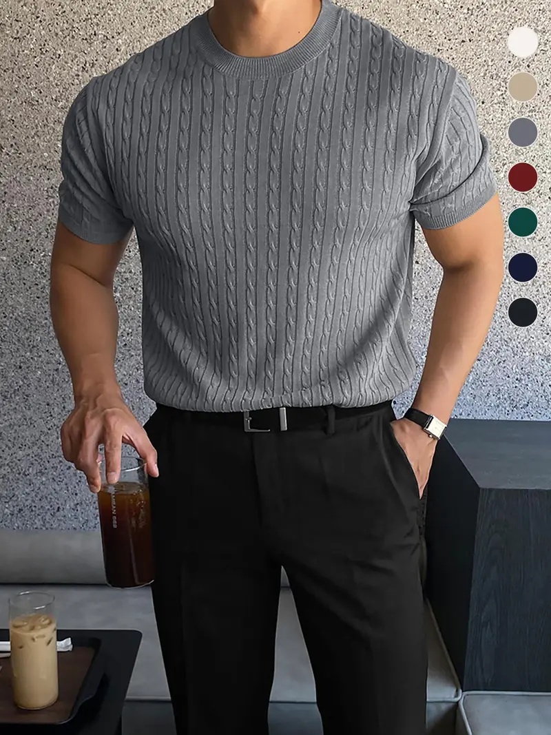 Summer Clothes Men's Plain Round Neck Stretchy Knit Cable Knit Top, Slim Casual Crew Neck Knitwear for Spring & Summer, Menswear for Daily Wear, National Day Clothing