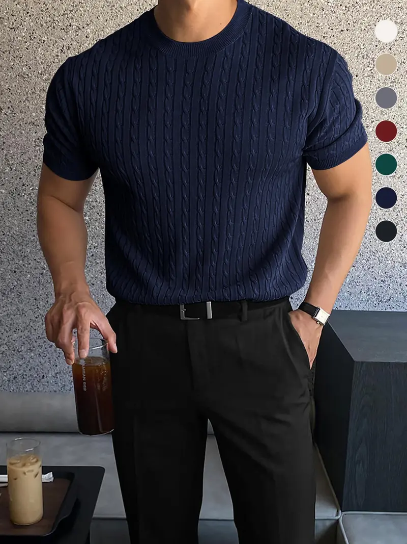 Summer Clothes Men's Plain Round Neck Stretchy Knit Cable Knit Top, Slim Casual Crew Neck Knitwear for Spring & Summer, Menswear for Daily Wear, National Day Clothing
